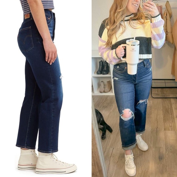 Levis Womens Ribcage Straight Ankle Jeans Dark Indigo Destructed High Rise Jeans - Picture 2 of 5